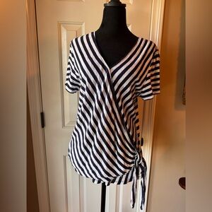 Michael Kors, Linen Blend, Navy and White Striped Wrap Top